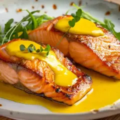 Två saftiga laxfiléer med gyllene yta, toppade med en krämig sås och gröna örter. Perfekt lax innertemperatur för en lyckad måltid.