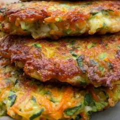En hög med gyllene, krispiga plättar av stekt zucchini och morot. Perfekt som tillbehör eller en lätt måltid.
