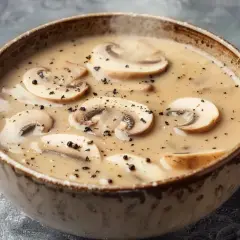 Krämig svampsoppa med skivade champinjoner och svartpeppar. Ett perfekt svampsoppa recept för en mysig kväll.
