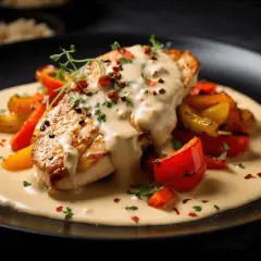 En saftig kycklingfilé med krämig pepparsås och rostade grönsaker. Ett perfekt pepparsås recept för en lyxig middag.