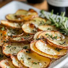 Krispiga, gyllene skivad potatis i ugn, toppad med färska örter och flingsalt. Perfekt som tillbehör till en god middag.