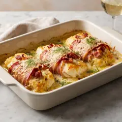 Ugnsbakad torskrygg med knaprigt bacon, toppad med ost och dill. Serveras i en krämig sås.