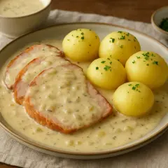Kassler med krämig sås och kokt potatis, ett klassiskt recept som passar perfekt till middag.