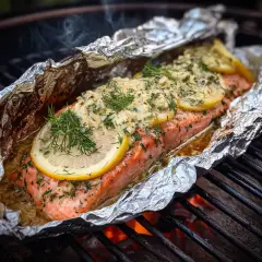 Saftigt laxpaket på grillen med citron och dill. En härlig sommarmåltid som doftar fantastiskt.
