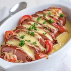 Ugnsgratinerad falukorv med smält ost och tomater, toppad med persilja. En klassisk svensk rätt som ser utsökt ut!