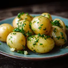 Nykokta, små potatisar med färsk persilja och vitlök på en blå tallrik. Perfekt tillbehör för att koka potatis.