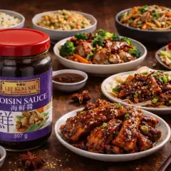 En burk Lee Kum Kee Hoisin Sauce står framför en festmåltid med asiatisk sås-glaserade revbensspjäll, nudlar och ris.