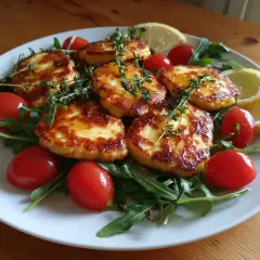 Stekt halloumi med körsbärstomater, ruccola och citronklyftor. En perfekt sommarrätt!