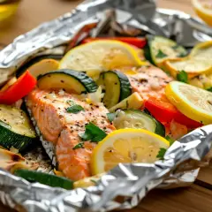 Laxfilé med citron, zucchini och paprika, tillagad i folie. En hälsosam och god fiskrätt.