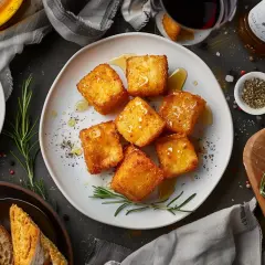 Friterad fetaost serveras gyllene och krispig med honung och rosmarin. Tillbehör som oliver, bröd och en flaska vin fulländar upplevelsen.