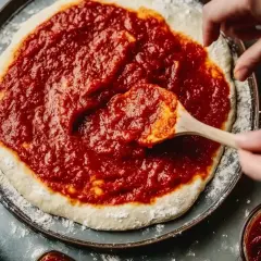 En träsked sprider hemlagad, egen pizzasås på en pizzabotten.