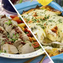 Skivad rostbiff med tomater och en gratinerad pastarätt. Perfekt för att avgöra hur mycket rostbiff per person som behövs för en festmåltid.