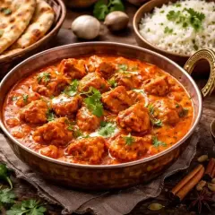 En kopp med kyckling i krämig tikka masala sås, garnerad med koriander. Serveras med ris, naanbröd och kryddor.