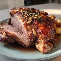 En saftig rådjursstek i ugn, perfekt tillagad med rosmarin och vitlök, serverad med rostade småpotatisar på en ljusblå tallrik.