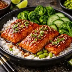 Tre saftiga filéer av teriyaki lax serveras på en bädd av ris, med broccoli, gurka och edamamebönor. En läcker och hälsosam måltid.