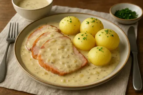 Kassler med krämig sås och kokt potatis, ett klassiskt recept som passar perfekt till middag.