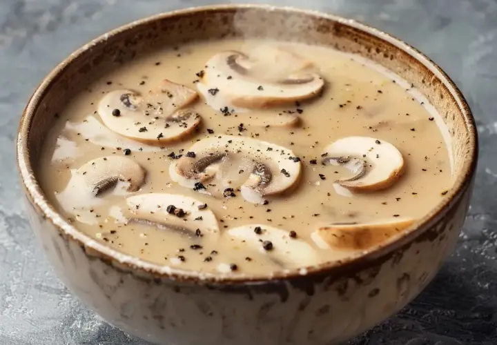 Krämig svampsoppa med skivade champinjoner och svartpeppar. Ett perfekt svampsoppa recept för en mysig kväll.