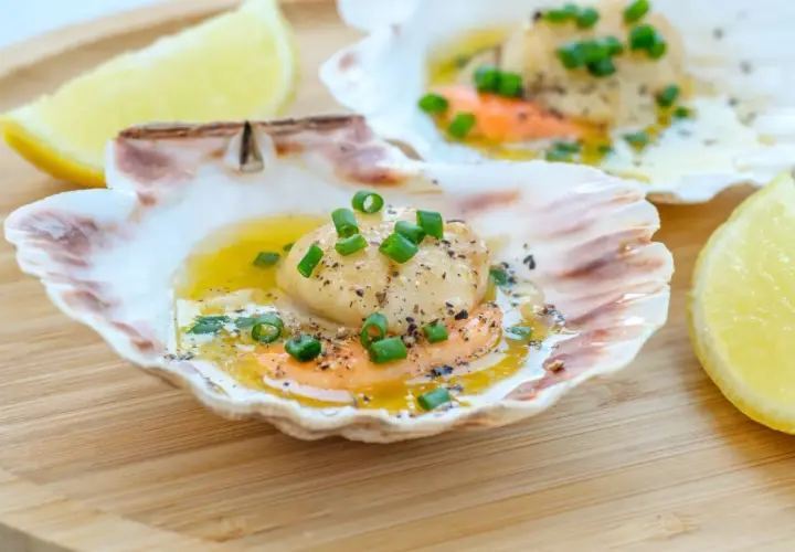 Läckra pilgrimsmusslor i skal, serverade med smält smör, örter och citron. Ett perfekt pilgrimsmusslor recept för en festmåltid.