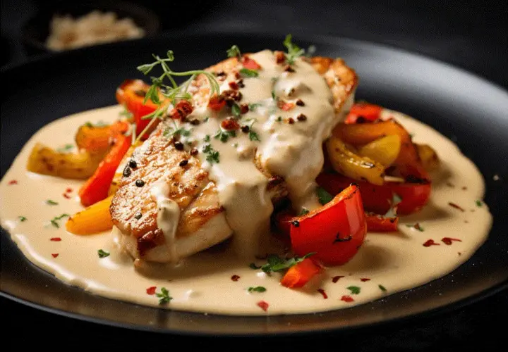 En saftig kycklingfilé med krämig pepparsås och rostade grönsaker. Ett perfekt pepparsås recept för en lyxig middag.