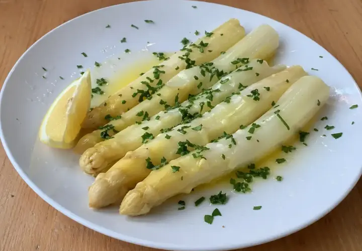 En tallrik med ångad vit sparris, garnerad med hackad persilja och en citronklyfta. En klassisk och delikat rätt.