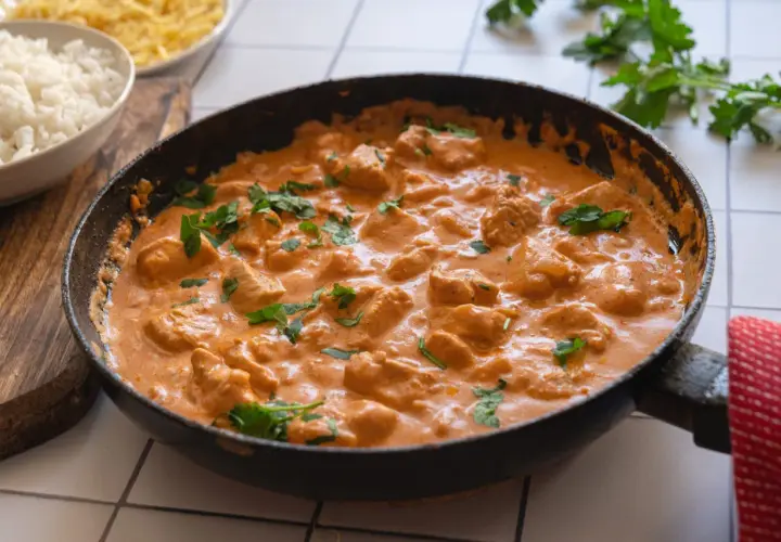 En krämig kycklinggryta i en stekpanna, perfekt för det godaste korv stroganoff receptet. Serveras med ris.