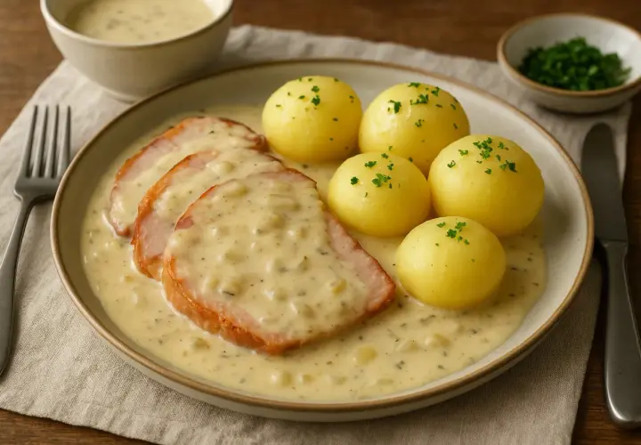 Kassler med krämig sås och kokt potatis, ett klassiskt recept som passar perfekt till middag.