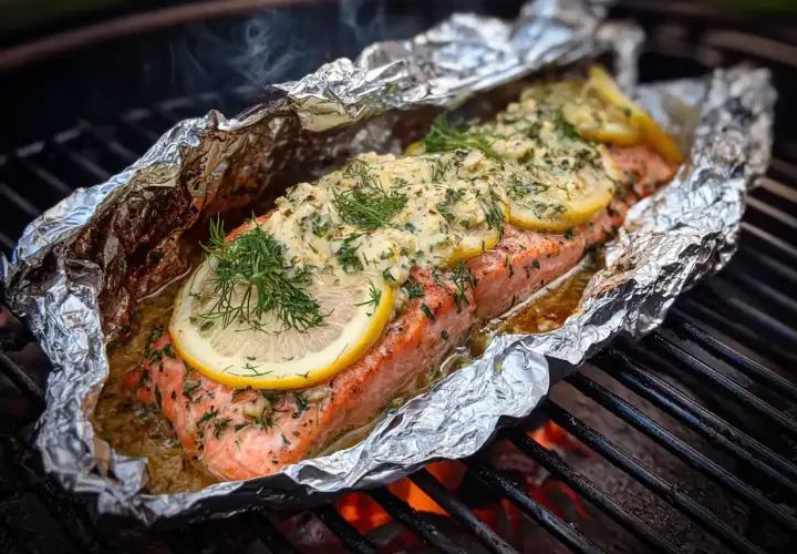 Saftigt laxpaket på grillen med citron och dill. En härlig sommarmåltid som doftar fantastiskt.