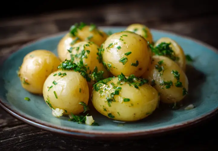 Nykokta, små potatisar med färsk persilja och vitlök på en blå tallrik. Perfekt tillbehör för att koka potatis.