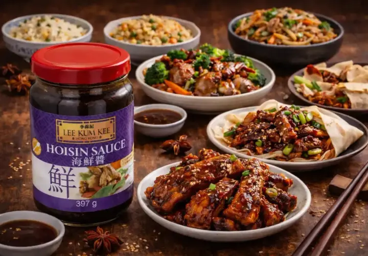 En burk Lee Kum Kee Hoisin Sauce står framför en festmåltid med asiatisk sås-glaserade revbensspjäll, nudlar och ris.