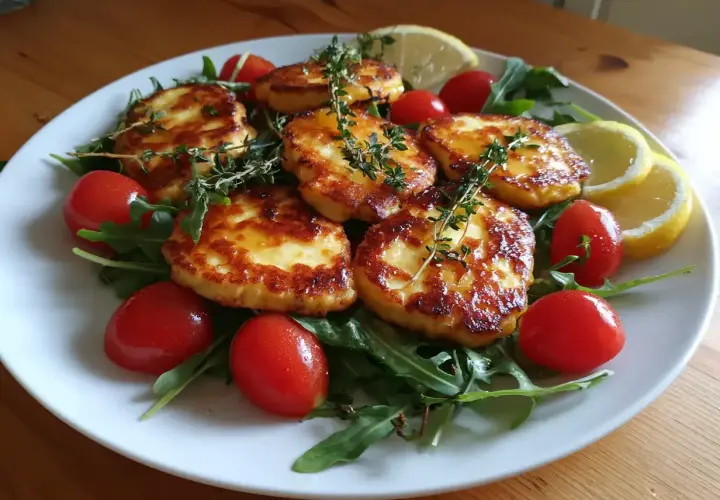 Stekt halloumi med körsbärstomater, ruccola och citronklyftor. En perfekt sommarrätt!