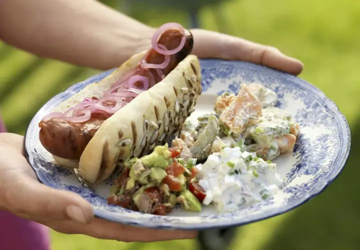 En tallrik med en grillad korv i ett bröd med rödlök, guacamole, potatissallad och äggsallad. Ett perfekt korv recept för sommaren.
