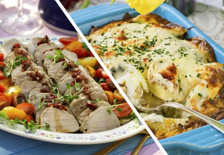 Skivad rostbiff med tomater och en gratinerad pastarätt. Perfekt för att avgöra hur mycket rostbiff per person som behövs för en festmåltid.