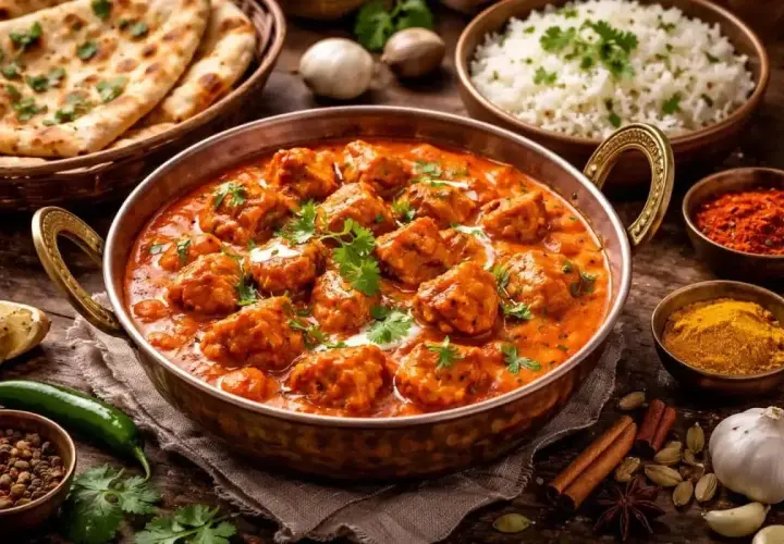 En kopp med kyckling i krämig tikka masala sås, garnerad med koriander. Serveras med ris, naanbröd och kryddor.