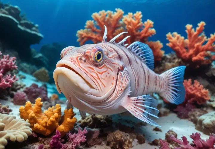 En närbild på en randig fisk med stora ögon bland koraller. Kanske inspiration till ett gott havskatt recept?