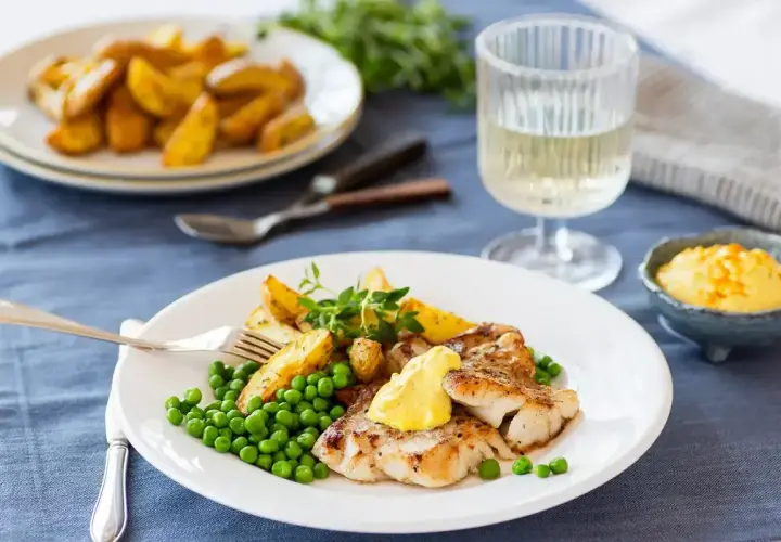 Friterad fisk med klyftpotatis och gröna ärtor, toppad med en klick egen remouladsås. Ett glas vitt vin står bredvid.
