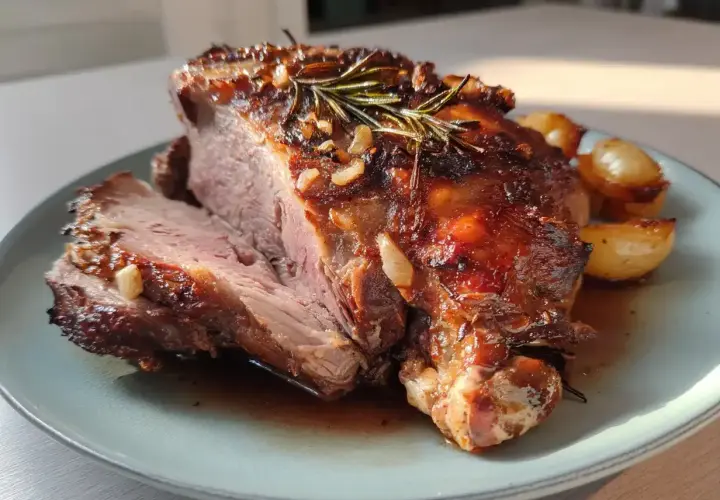 En saftig rådjursstek i ugn, perfekt tillagad med rosmarin och vitlök, serverad med rostade småpotatisar på en ljusblå tallrik.