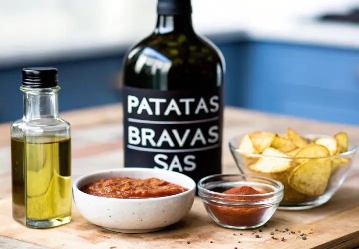 En flaska patatas bravas-sås, olivolja, två skålar med sås och en skål med klyftpotatis. Perfekt för en mysig kväll med grillad potatis.
