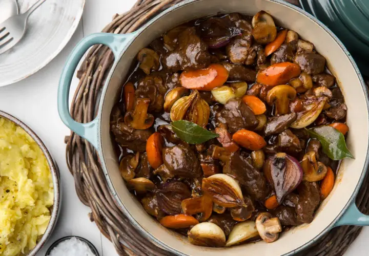 En mustig biff bourguignon i gjutjärnsgryta med möra köttbitar, champinjoner, morötter och lök. Serveras med krämigt potatismos.