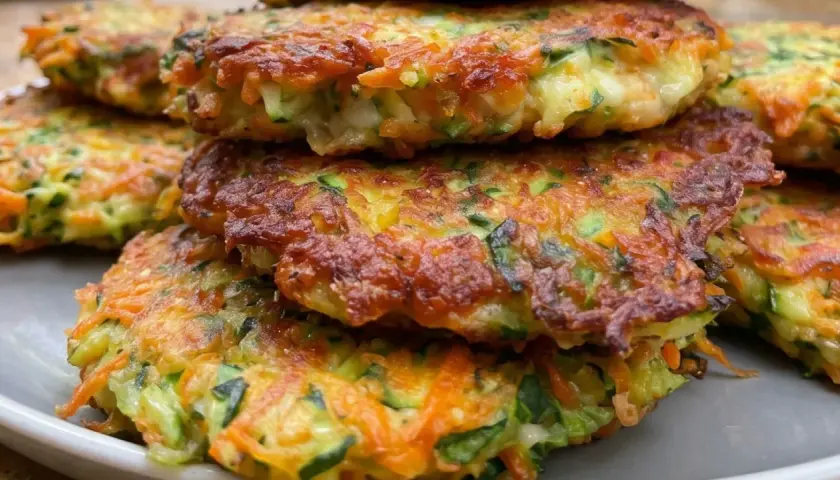 En hög med gyllene, krispiga plättar av stekt zucchini och morot. Perfekt som tillbehör eller en lätt måltid.