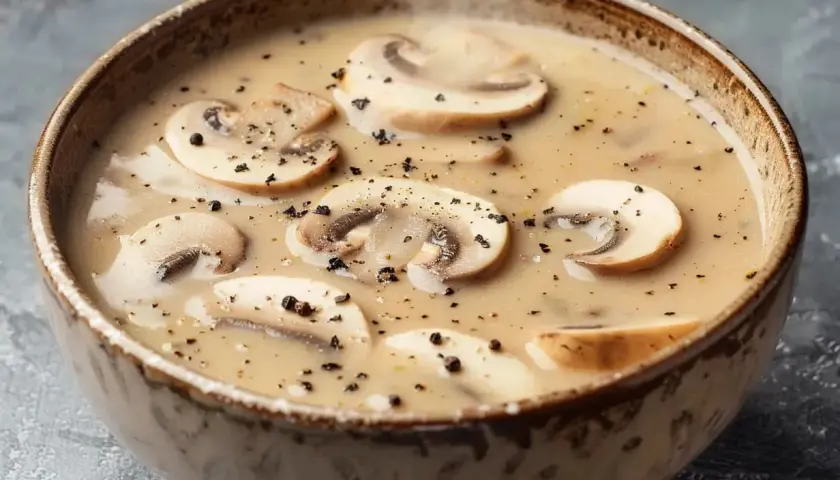 Krämig svampsoppa med skivade champinjoner och svartpeppar. Ett perfekt svampsoppa recept för en mysig kväll.