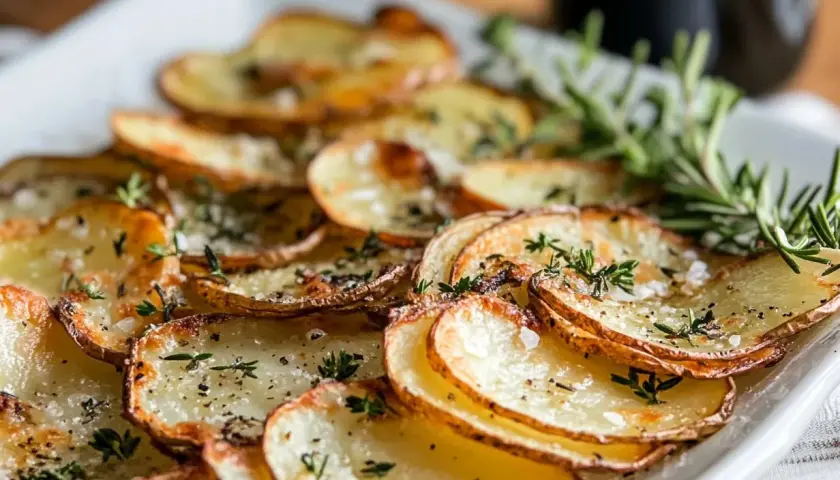 Krispiga, gyllene skivad potatis i ugn, toppad med färska örter och flingsalt. Perfekt som tillbehör till en god middag.