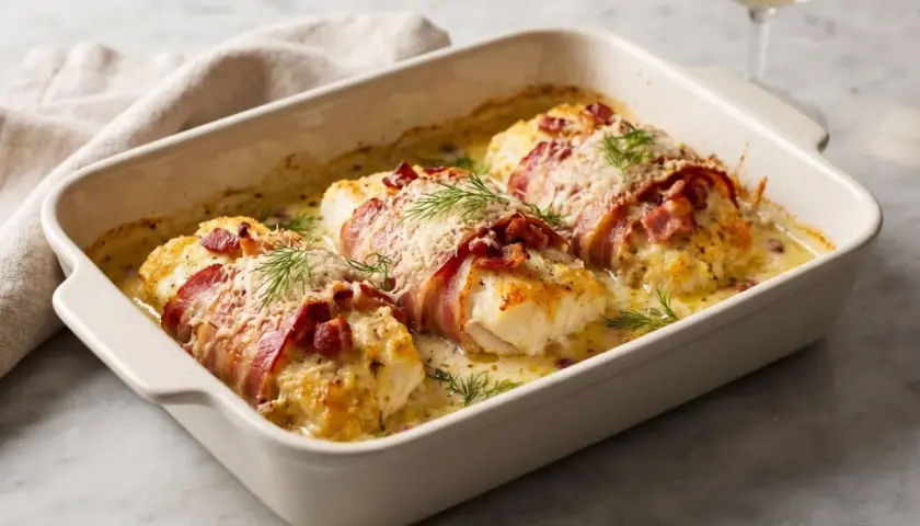Ugnsbakad torskrygg med knaprigt bacon, toppad med ost och dill. Serveras i en krämig sås.