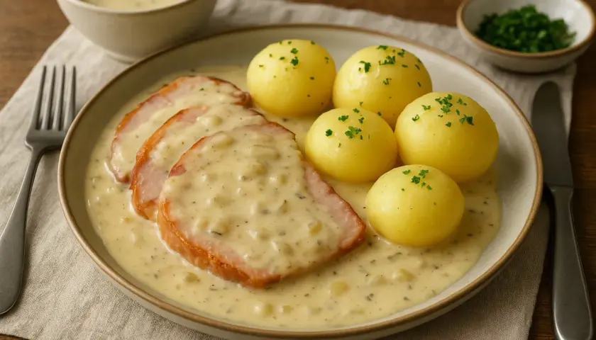 Kassler med krämig sås och kokt potatis, ett klassiskt recept som passar perfekt till middag.