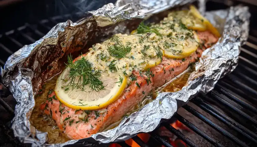 Saftigt laxpaket på grillen med citron och dill. En härlig sommarmåltid som doftar fantastiskt.