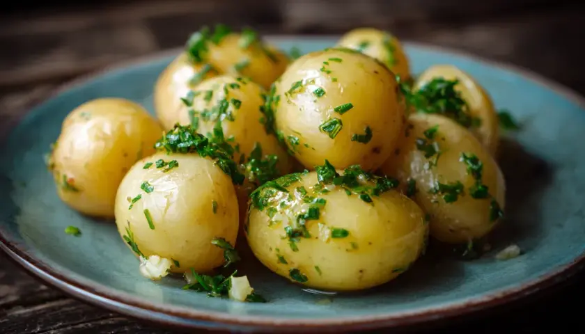 Nykokta, små potatisar med färsk persilja och vitlök på en blå tallrik. Perfekt tillbehör för att koka potatis.