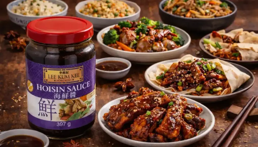 En burk Lee Kum Kee Hoisin Sauce står framför en festmåltid med asiatisk sås-glaserade revbensspjäll, nudlar och ris.