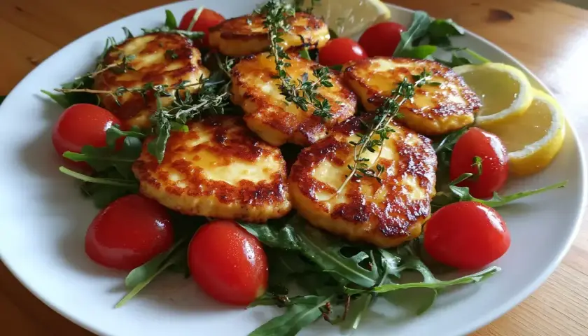 Stekt halloumi med körsbärstomater, ruccola och citronklyftor. En perfekt sommarrätt!
