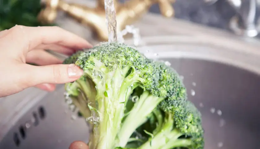 Färska broccolibuketter sköljs under rinnande vatten, redo för ett hälsosamt broccoli recept.