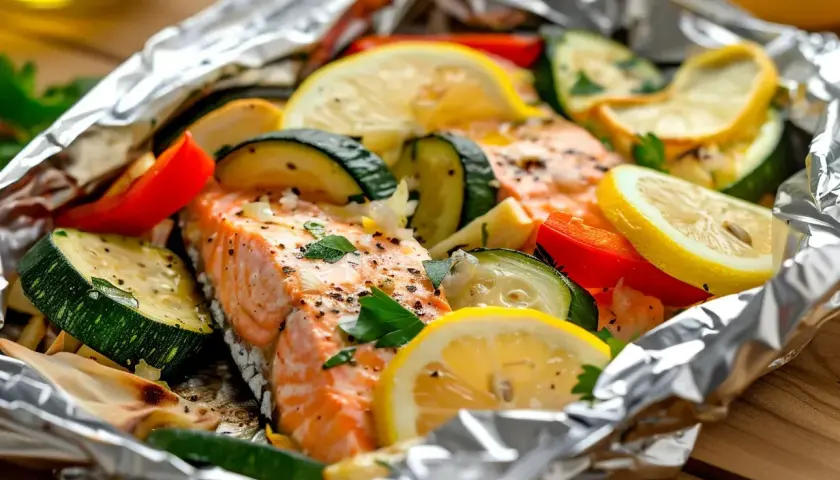 Laxfilé med citron, zucchini och paprika, tillagad i folie. En hälsosam och god fiskrätt.