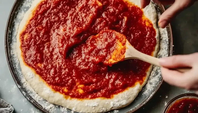 En träsked sprider hemlagad, egen pizzasås på en pizzabotten.